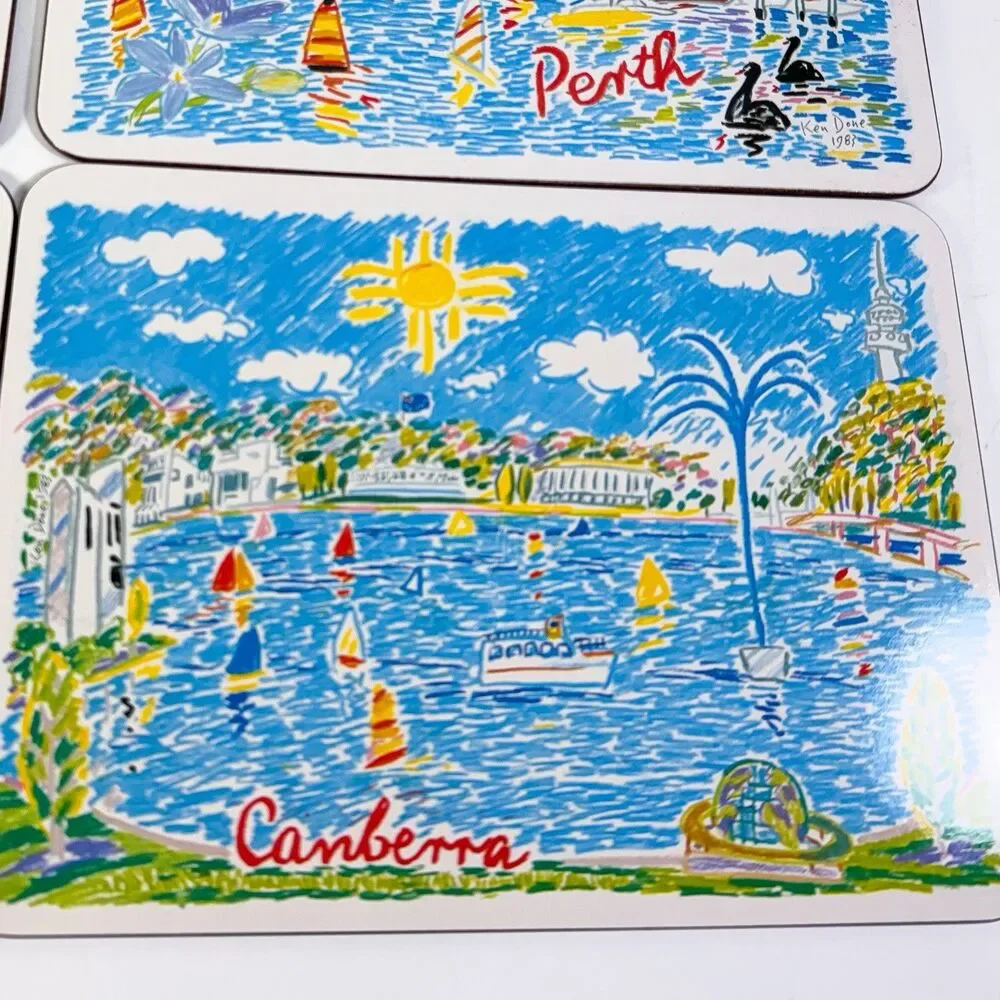 1983 Ken Done Australian City Placemats Trivets Set Sydney Melbourne Perth